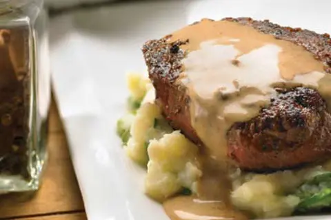 Peppered Steak with Garlic Mashed Potatoes