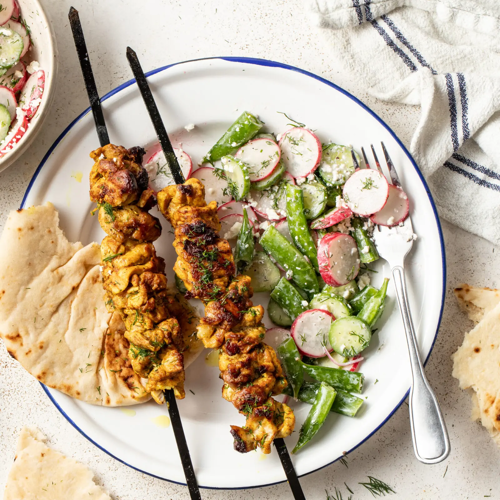 Chicken Shawarma Kebabs with Creamy Cucumber-Radish & Feta Salad
