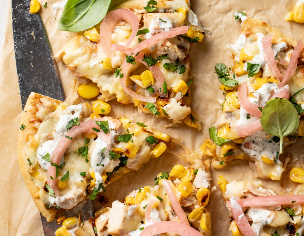 Three Cheese BBQ Chicken + Sweet Corn Pizza with Homemade Ranch Dressing