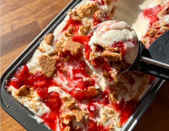 No-churn Strawberry Cheesecake Ice Cream in a loaf pan