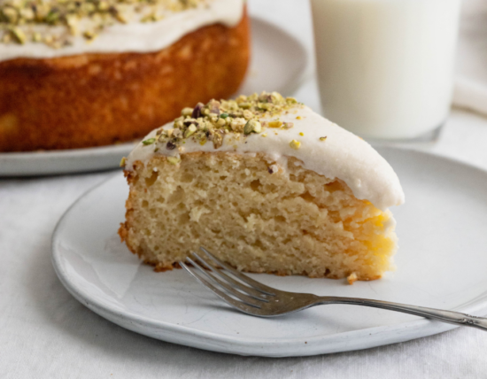 Slice of Lemon yogurt cake with glass of milk