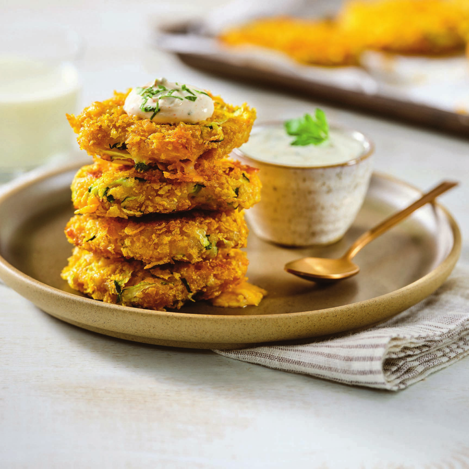 Crispy Zucchini & Cheese Fritters with Sour Cream Dip