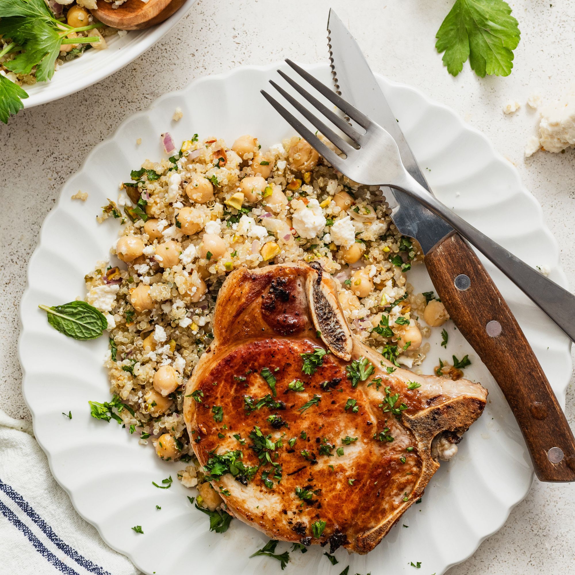 Lemon Chickpea + Quinoa Salad with Garlic Butter Pork Chops - Alberta Milk