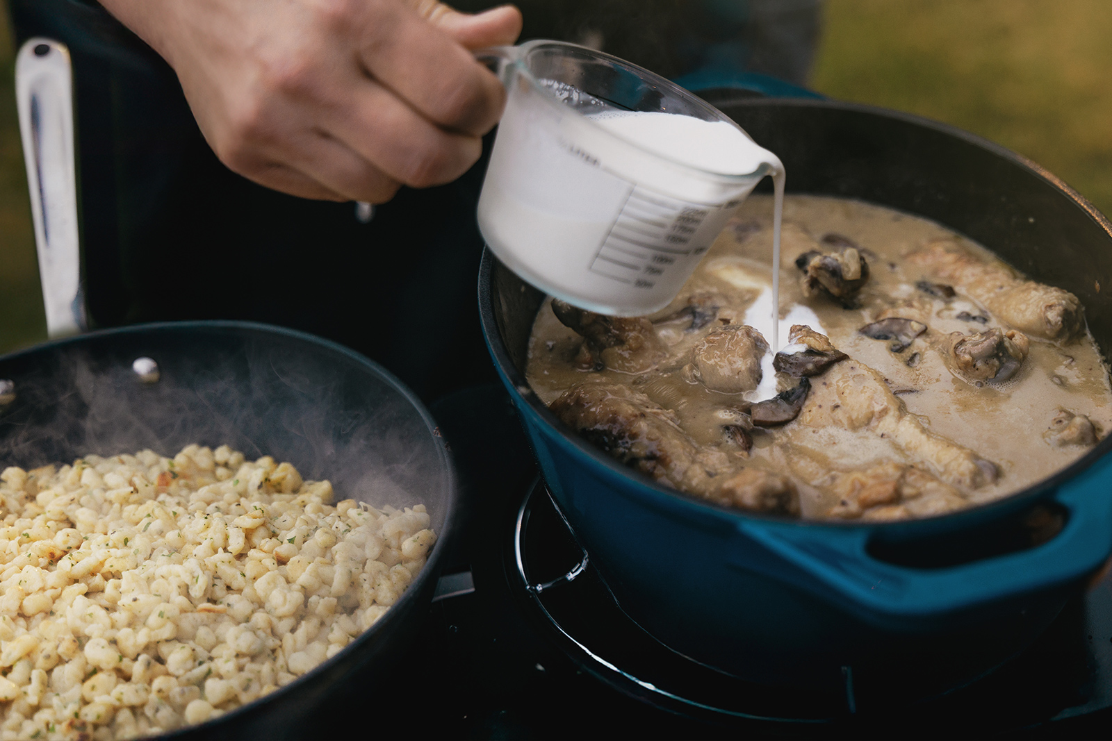 Fresh Herb Spaetzle with Braised Chicken Drumsticks &amp; Mushroom-Cream Sauce - Alberta Milk