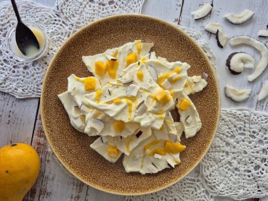 Mango Coconut Greek Yogurt Bark on a plate